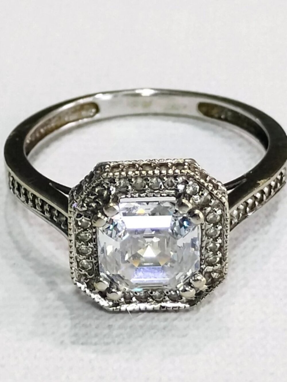 14K White Gold Square Step-Cut CZ Cushion Halo Ring Sz 6.75